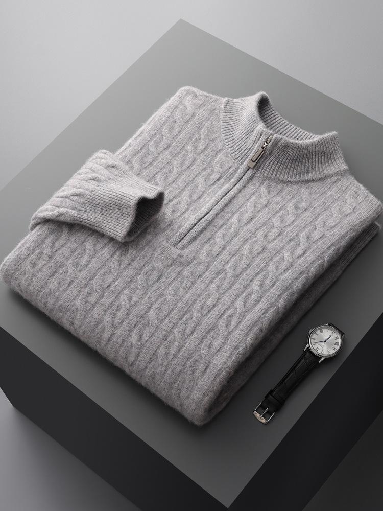 Men's 100% Wool Half-High Collar Sweater - Loose Fit, Thick Knit, Casual Business Style