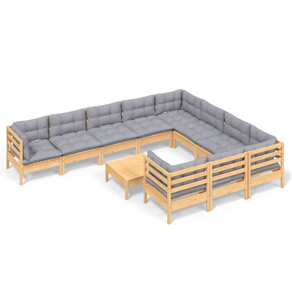 Vidaxl 11-Cz. Garden Lounge Set, Grey Cushions, Pine