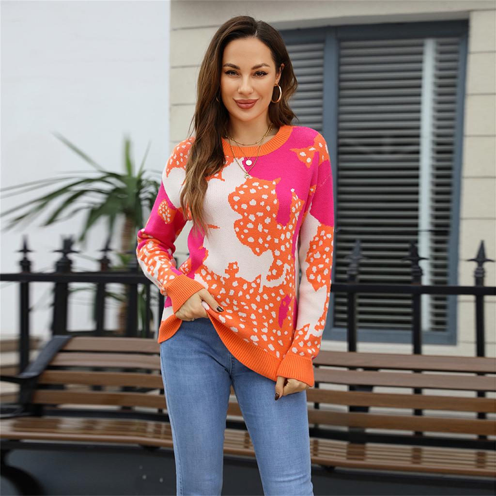 New Autumn and Winter Style Pullover Round Neck Jacquard Colorful Long-sleeved Sweater for Women, Fashionable and Casual Knitted Sweater
