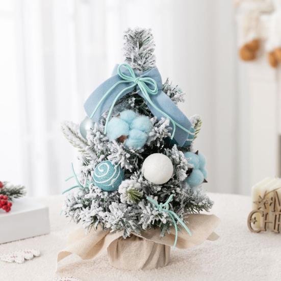 Snowy Mini Christmas Tree Small Tabletop Artificial Flocked Tree with Balls Bow And Cloth Bag Base for Home Office Desk Decor