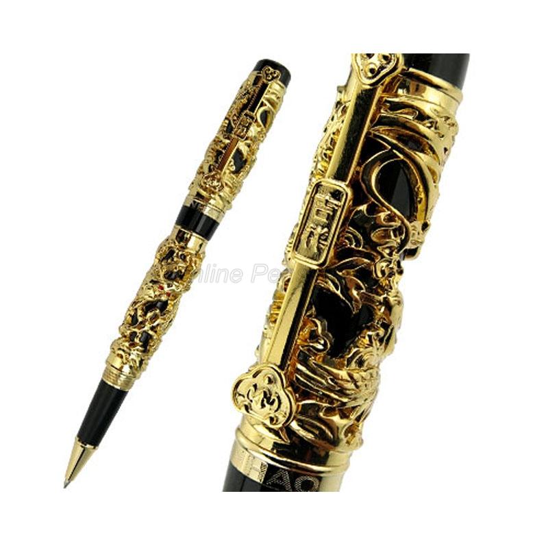 Jinhao Vintage Metal Carving Embossing Dragon And Phoenix Heavy Roller Ball Pen Gold Trim Professional Office Stationery