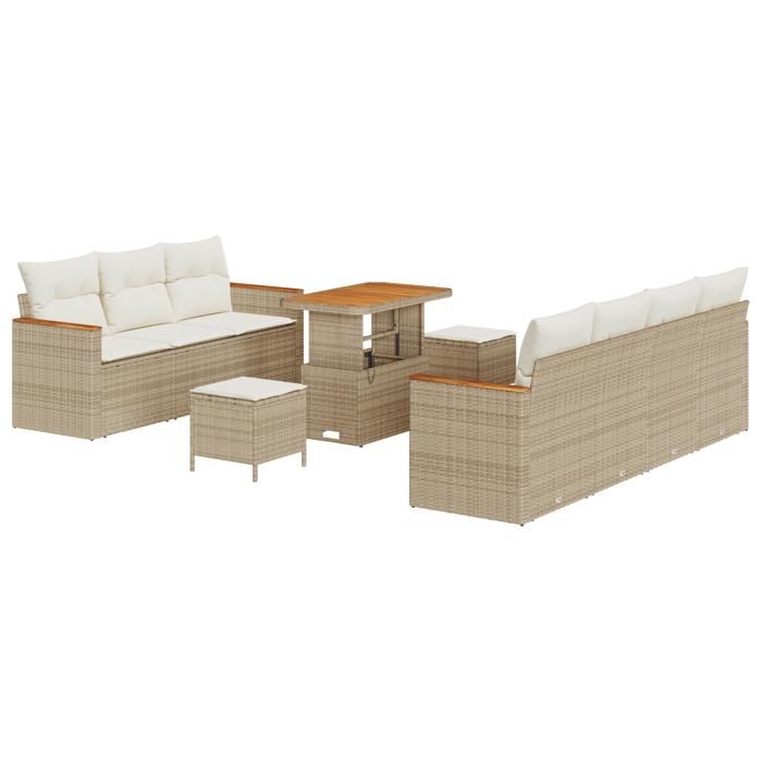 Ensemble de 10 Pièces de Canapés de Jardin avec Coussins Beige Rattan Poly Acacia, Ensemble 3 Pièces de Salle à Manger 3364961