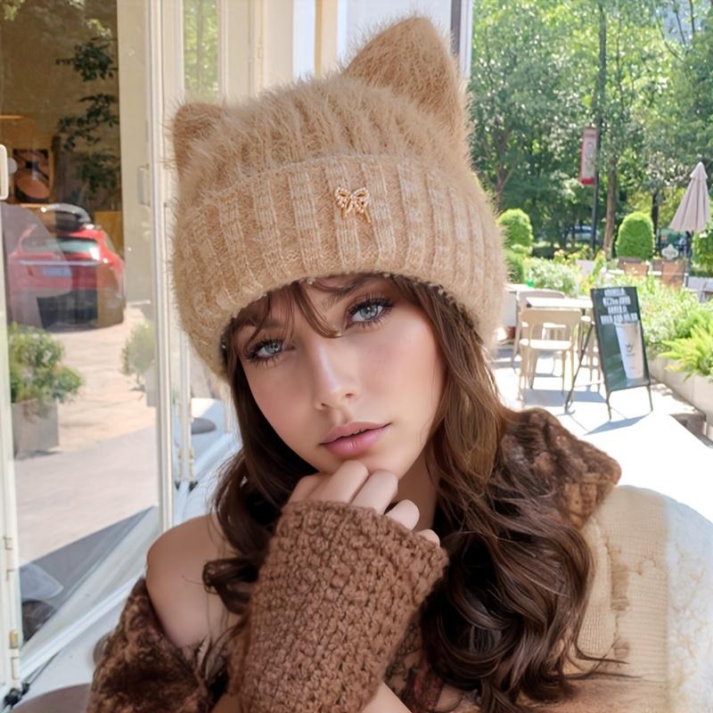 Women's Winter Hat with Cat Ears & Butterfly Brooch -Stretchy Foldable Beanie Soft Warm Ear Protection Hand Wash Only Winter Hat