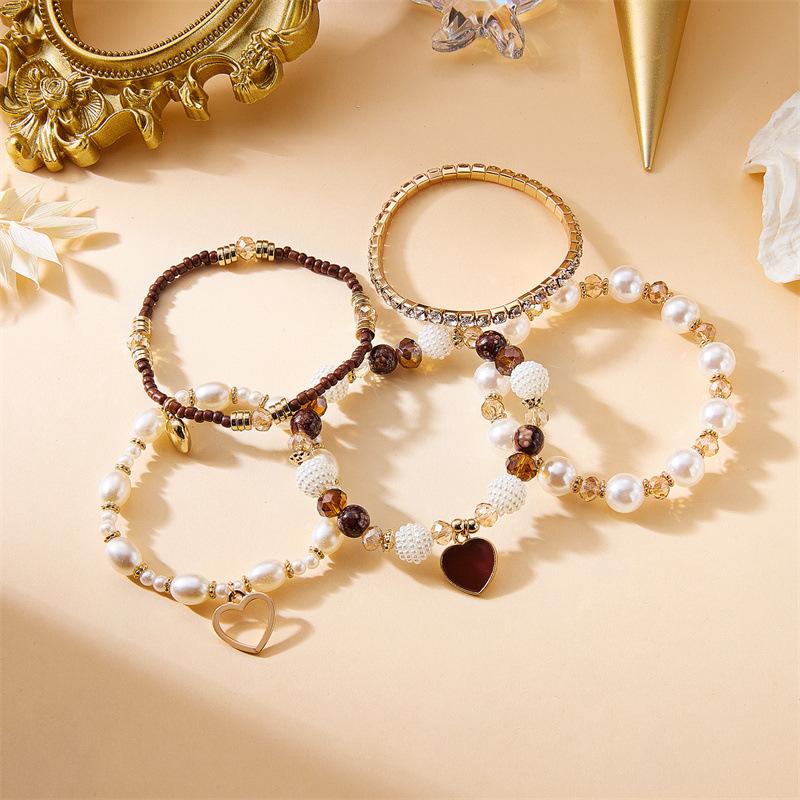 Liquid Metal Geometric Bracelets Set For Women Irregular Imitation Pearls Heart Beaded Bracelets Party Jewelry Gifts