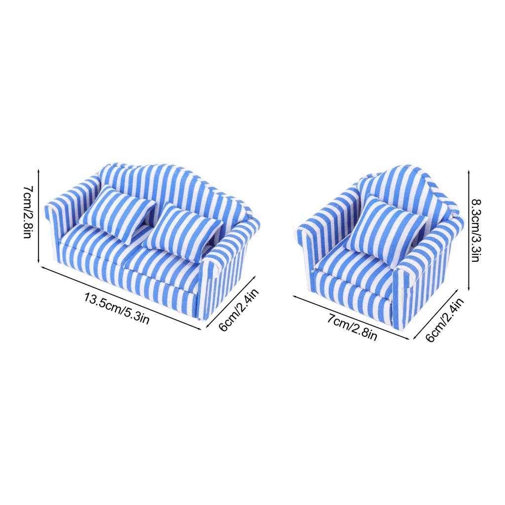 3Pcs   Sofa Set Pine Cloth Double Sofa 2 Single Sofa Light Color Strip  ature Sofa for 1:12 Doll House