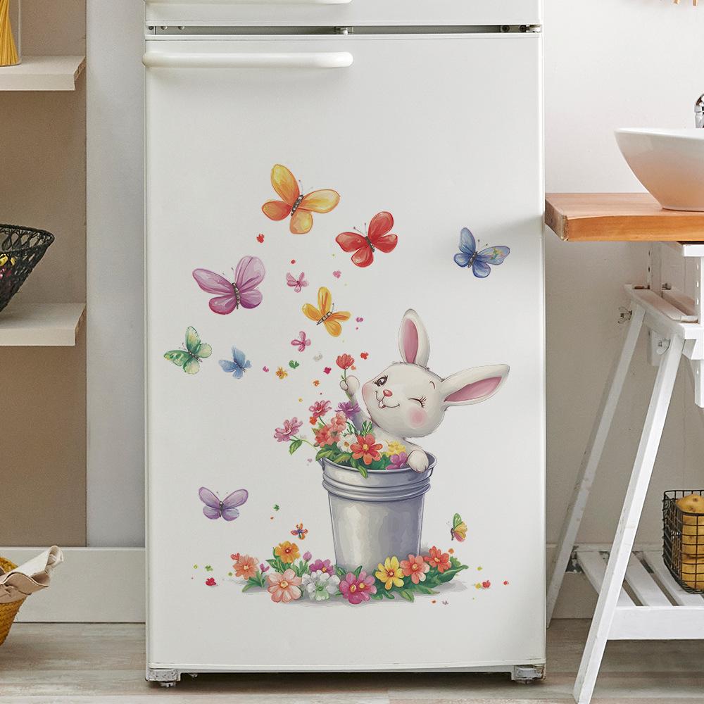 Vintage Tin Bucket Floral Rabbit Butterfly Wall Sticker Self-Adhesive Removable for Bedroom Living Room Rustic Home Decor Art