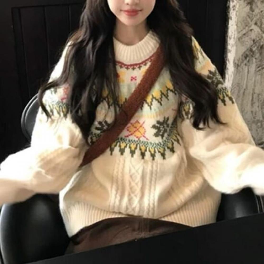 Navava Women Retro Pattern Long Sleeve Knit Sweater Nk2712