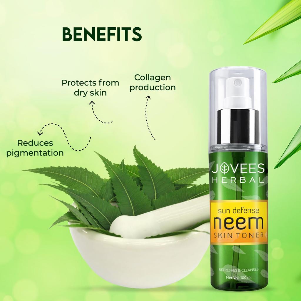 Jovees Herbal Sun Defence Neem Skin Toner 100ml For Glowing Clear Skin Lightweight Non Greasy Quick Absorption Pore Cleansing For All Skin Types