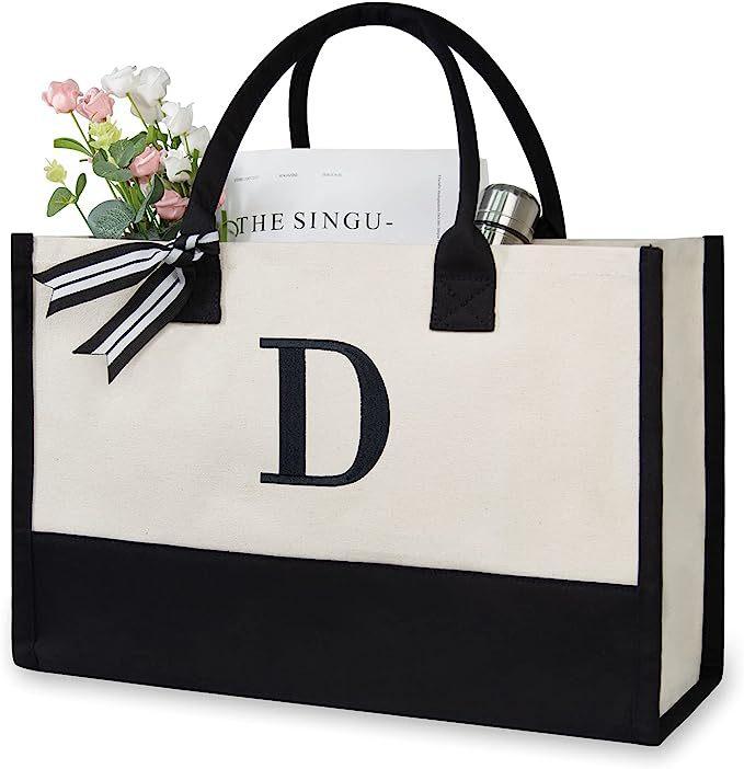 A-Z Letter Canvas Tote Bag Women Large Capacity Shoulder Handbag Contrast Color Thick Fabric Reusable Shopping Bag