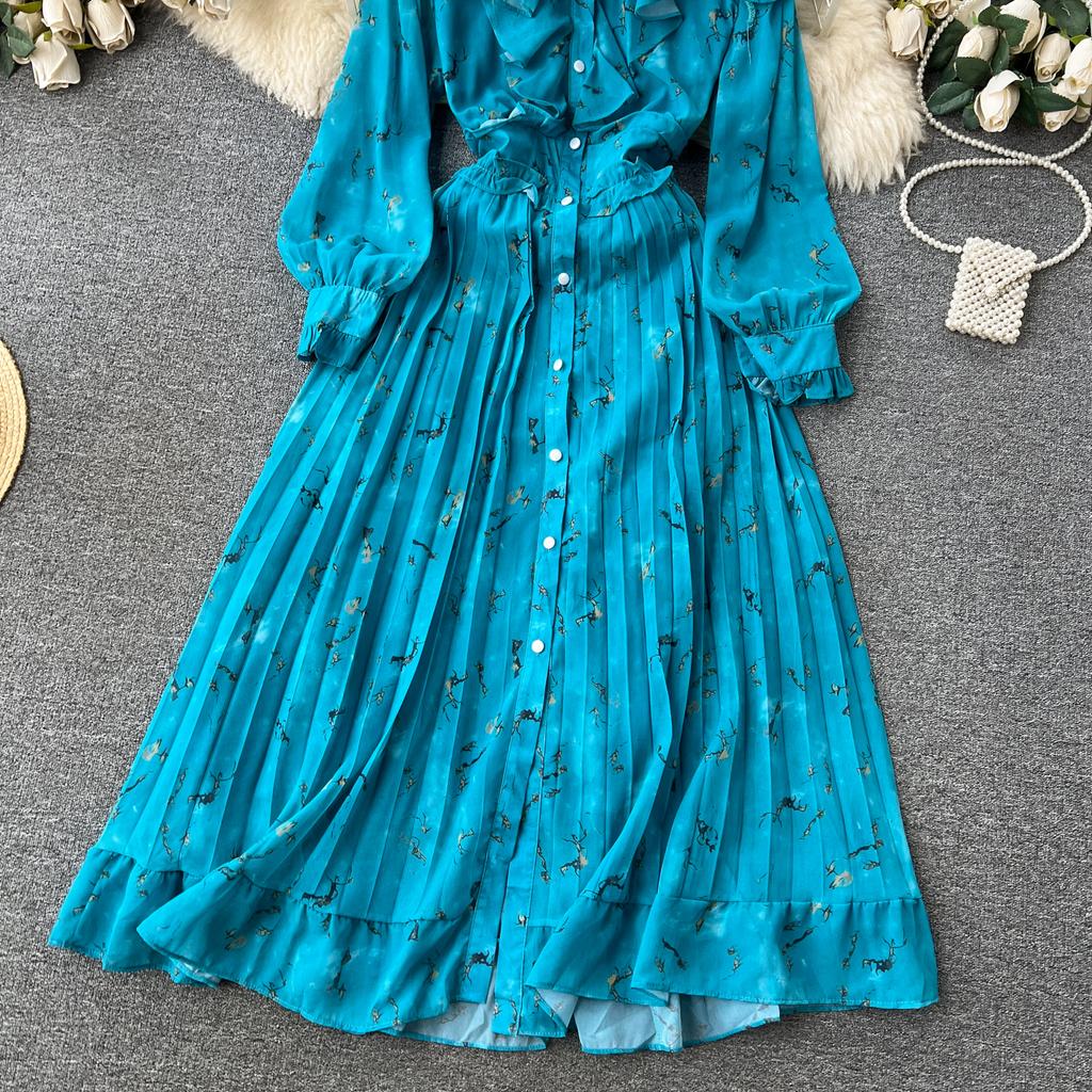 Autumn Women Vintage Printed Pleated Long Dress Female Red/Green/Blue/Yellow Draped Ruffle Single Breasted Maxi Robe Vacation Dresses