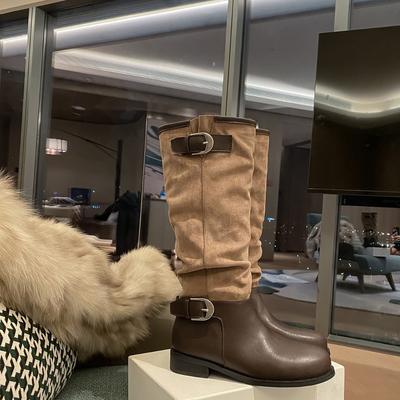 Thick-soled Boots Children's Retro Wrinkles Pile Medium Boots Belt Buckle But Knee Thick Heel Skinny Knight Boots Women