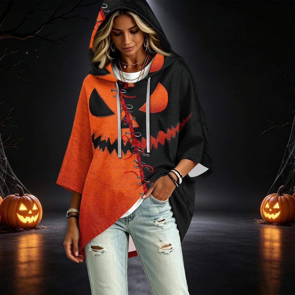 Women's Casual Three-Quarter Sleeve Halloween Print Hooded Pullover Top