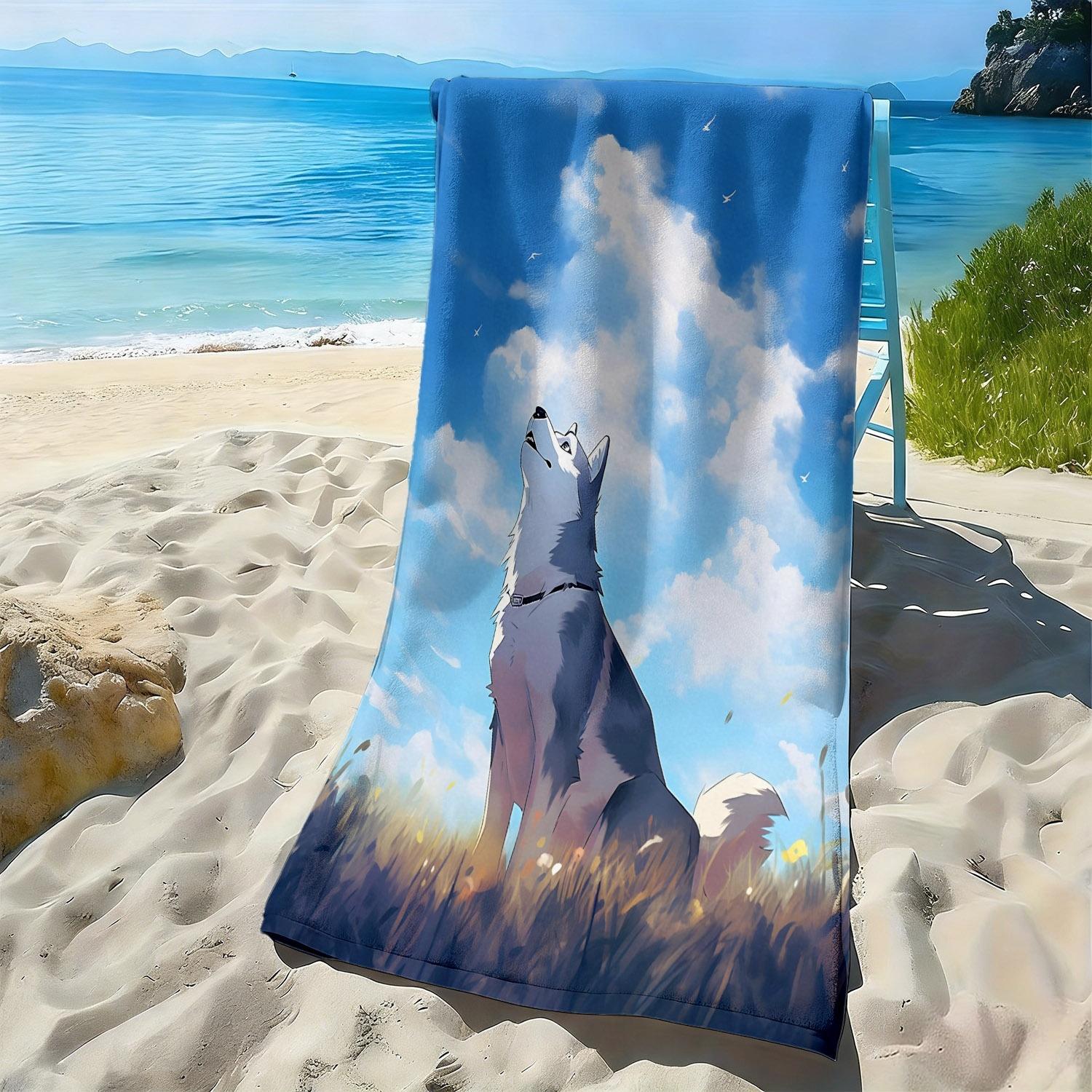 

Cartoon wolf with white cloud pattern polyester microfiber beach towel is highly absorbent, suitable swimming and beach outings W30*H60(CM)
