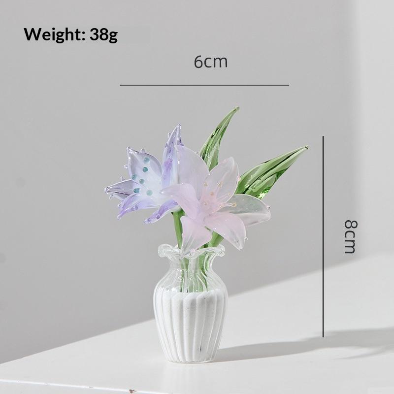 Handmade Glass Mini Flower Ornament Art Glass Artificial Flower With Small Vase Tabletop Decoration For Home Desktop Gift