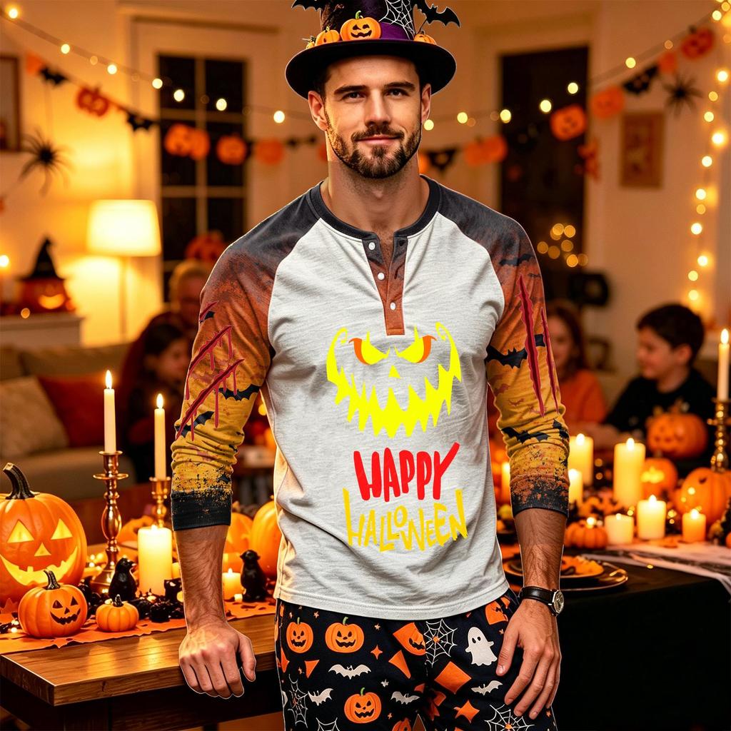 Men's Long Sleeve Shirt with Halloween Print for Holiday Parties and Casual Wear
