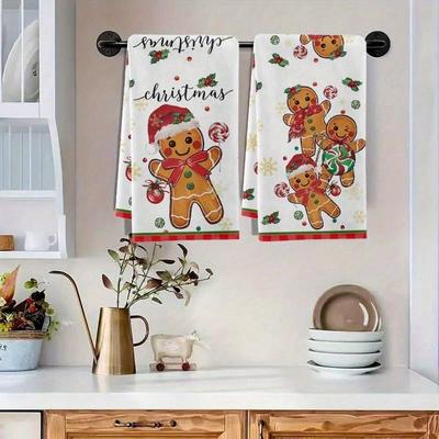 2pcs Gingerbread for Man Kitchen Towels - 40x60cm Festive Santa Hat & Scarf Design,Durable Dishcloths for Holiday