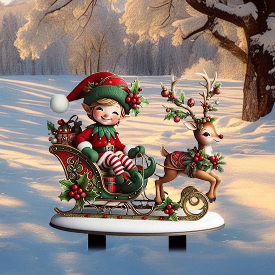 Waterproof Garden Inserts Christmas Elf Stake, Reindeer Sleigh Acrylic Yard Art Ornaments Xmas Outdoor Ornament for Holiday Lawn Flower Bed Decoration