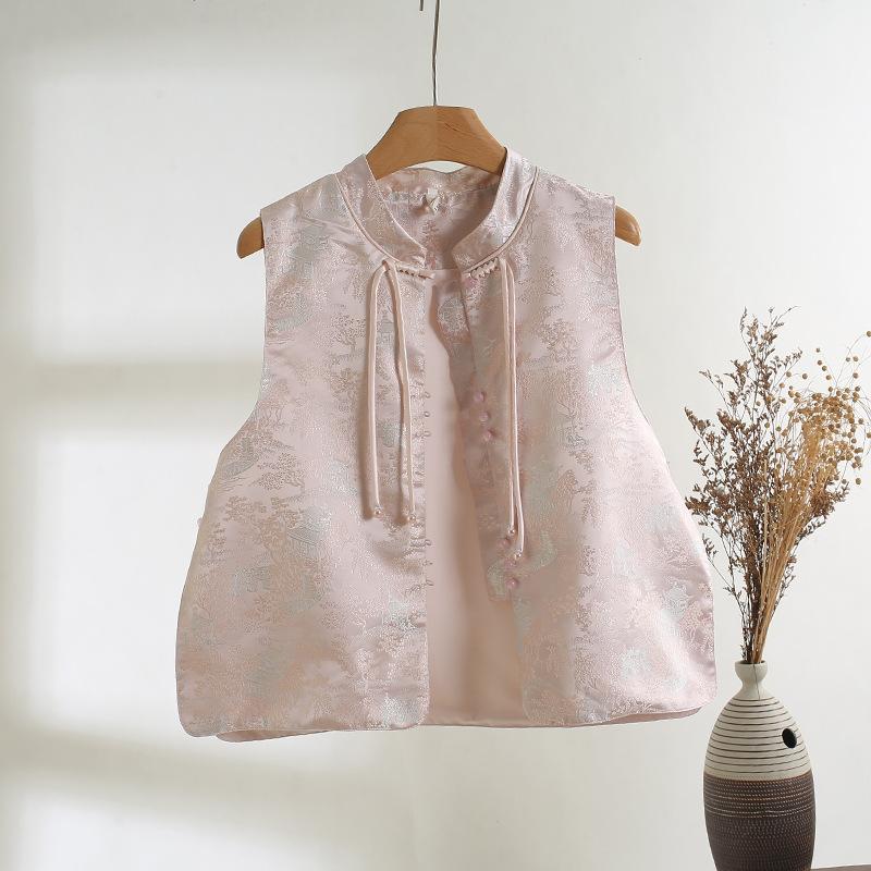 Real Shot Improved Guochao Disc Buckle Small Round Neck Jacquard Brocade Weaving Gold Embroidered Vest Top