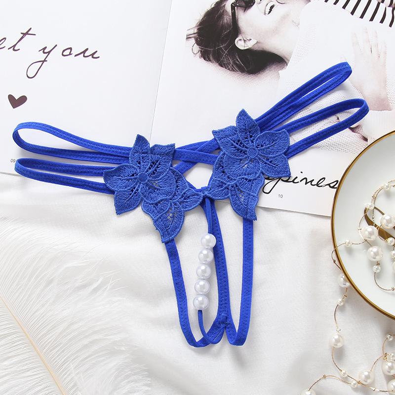 Women Sexy Lace Panties Thongs Pearl Pendant Lace Embroidery G-String T-Back Briefs Underwear Adjustable Ladies Panties Lingerie