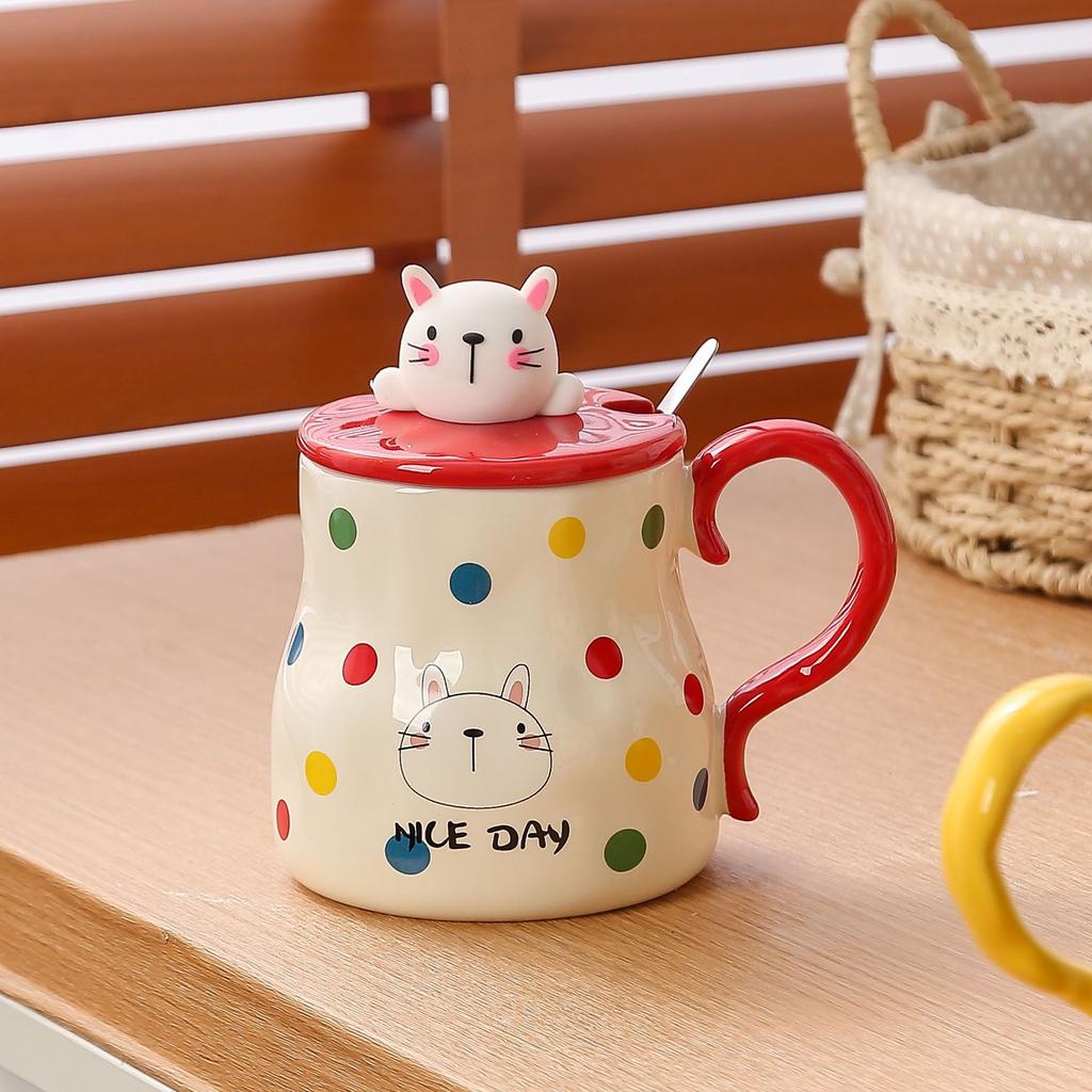 Polka dot animal cat mug with lid spoon gift box ceramic cup household water cup female cute office cup