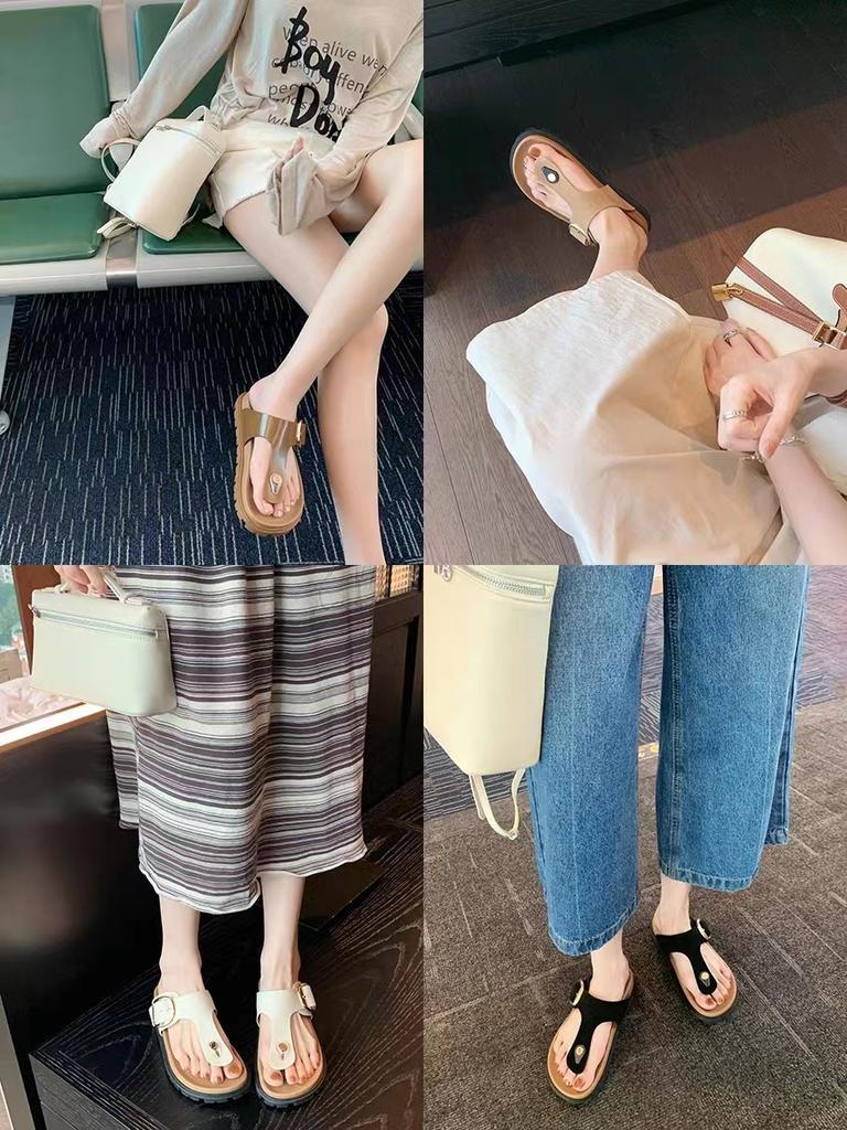 In stock! Grape mother has the same toe and wide surface adjustable square buckle flat bottom thick bottom Birkencool slippers for women's summer wear