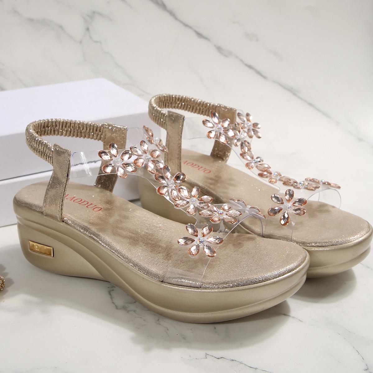 

Римские сандалии на танкетке со стразами с открытым носком женские лето 2025 европейский и американский экспорт большой размер платформа сандалии-маффины 43 золотой