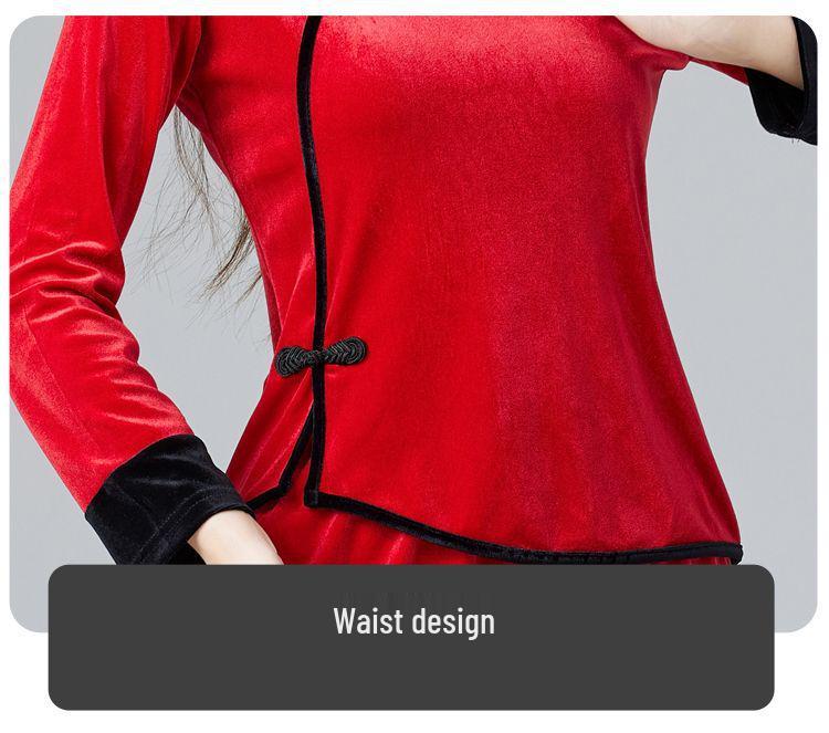 Gold Velvet Team Dance Set: Autumn/Winter Thick Long Sleeve Top & Pants