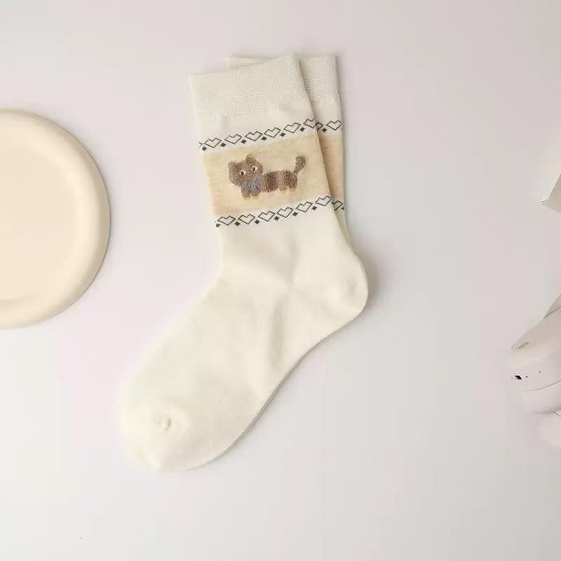 

1/4Pairs Cartoon Cat Dog Pattern Comfortable Socks Breathable Anti Slip Sweat Absorbing Mid-Tube Socks Outdoor Warm Socks D