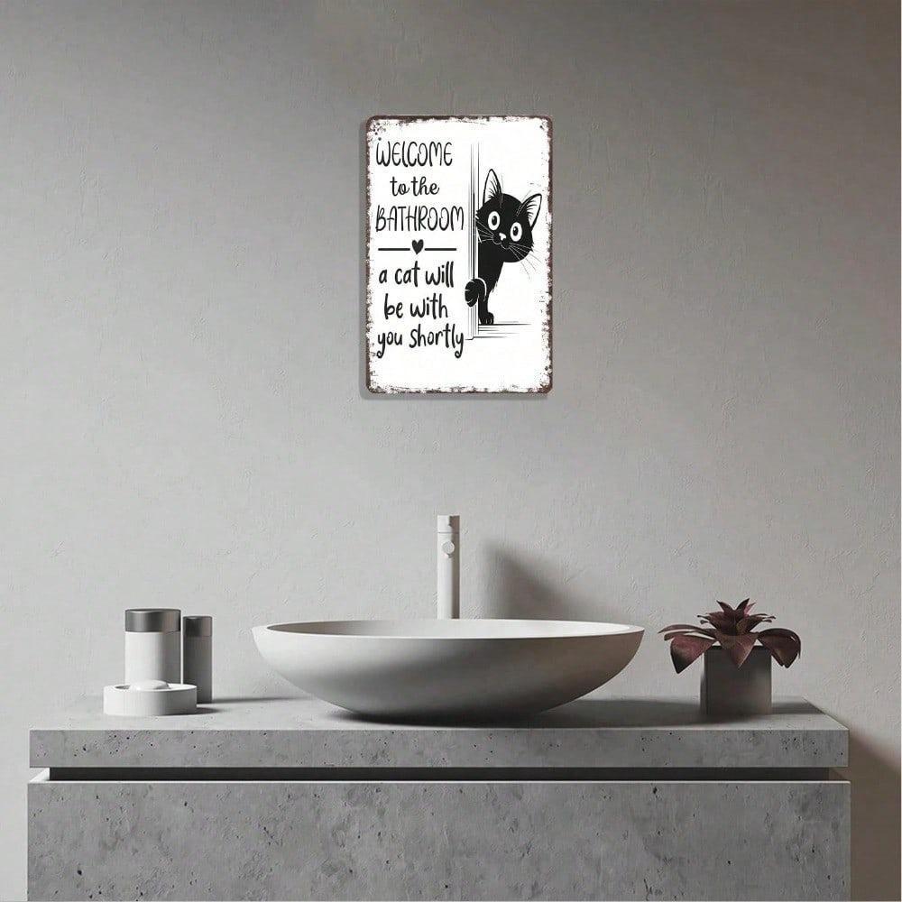 Vintage Funny Cat Metal Welcome Sign Retro Bathroom Wall Decor