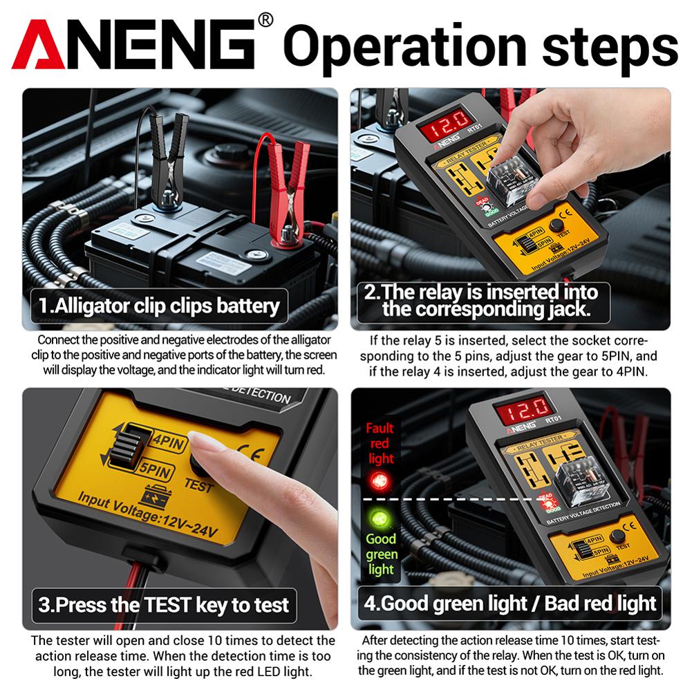 ANENG RT01 Relay Tester Aermotor 11-25V Car Battery Voltage Detector LED Indicator Light Alternator Analyzer Diagnostic Tool