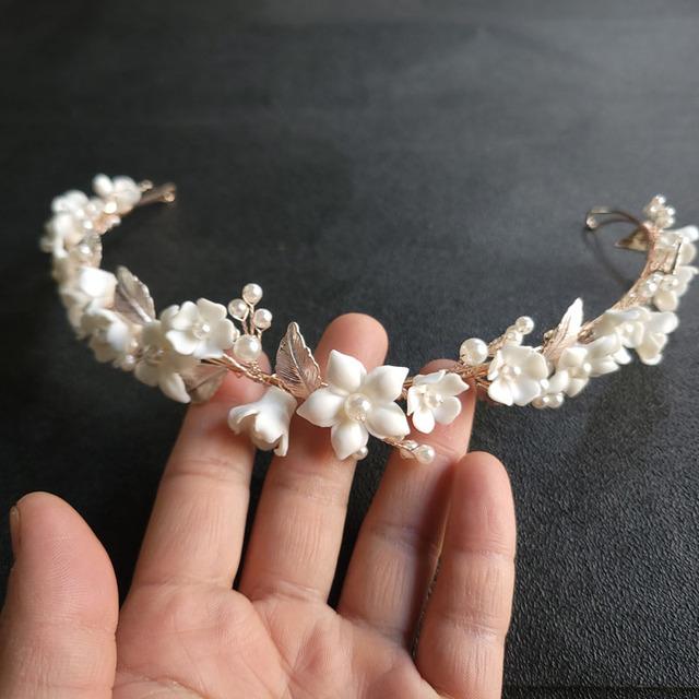 SLBRIDAL Handmade Ins Style Luxury Rhinestone Crystal Porcelain Flower Bridal Tiara Wedding Bridesmaids Crown Women Hair Jewelry