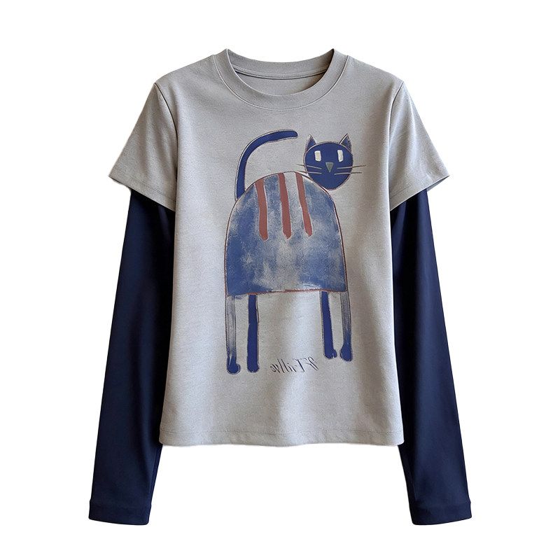 

Gray-Blue Lazy Spring~Spring Season Two-Piece Long-Sleeve T-Shirt for Women with Cat Print, Color-Blocking, Round Neck, Slim-Fit Casual Top Contrast Color Fake Two-Piece Top S