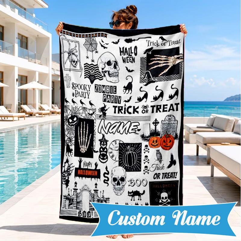 Custom Name Halloween Horror Movie Beach Towel Microfiber Beach Towel, Lightweight and Quick-Dry, for Summer Travel, Swimming Pool Gift