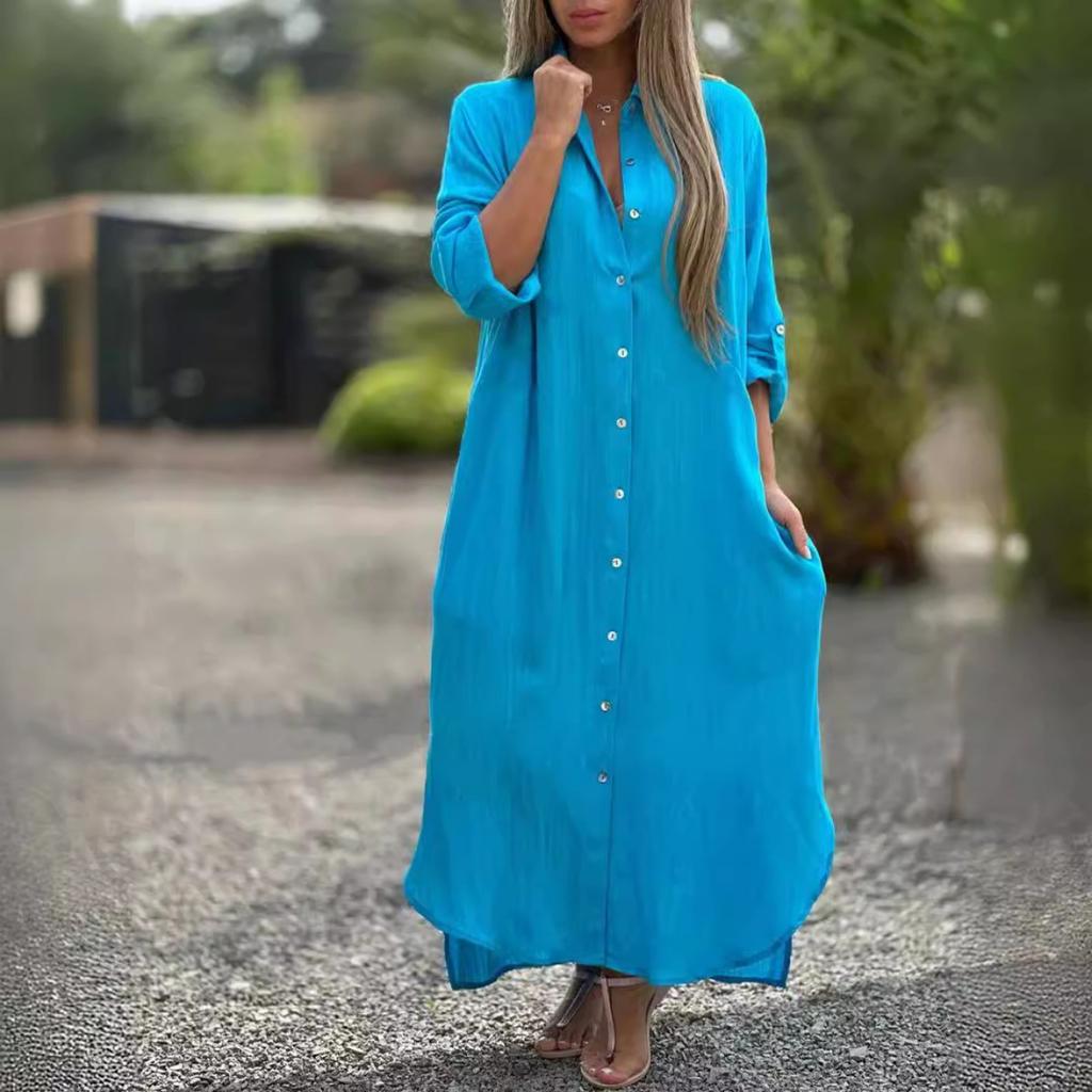 Women's Cotton Linen Long Shirt Dress Casual Fashion Long Sleeve Open Front Midi Dress