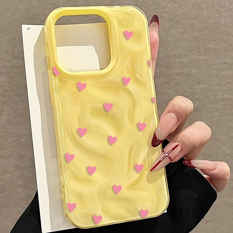 Cute Pink Heart Phone Case for iPhone 17 16 15 Pro 14 Plus 13 12 11 Pro Max Air 16E Wavy Shockproof Soft TPU Protective Cover