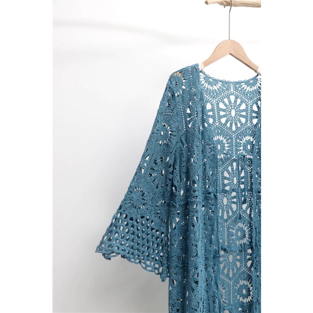 DIMANAF 2026 New Blue Cardigan Women Knitting Lace Long Vest Hollow Summer Style Basic Tops Tees Loose Clothing