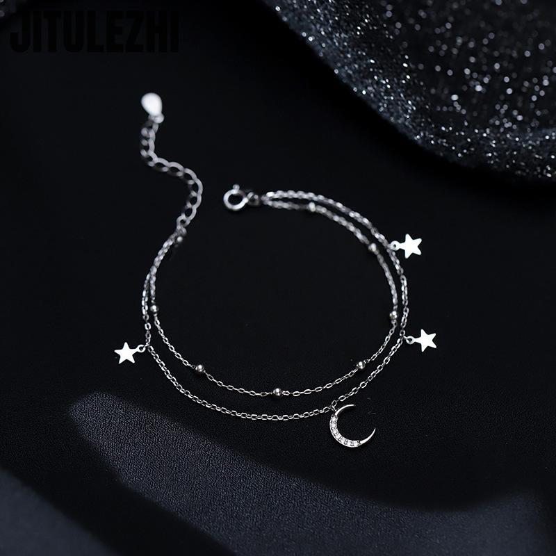 

925 Sterling Silver Bracelet For Women Double-layer Star Moon Bracelet Women s Folding Design Sense Summer Star Moon Star Bracel