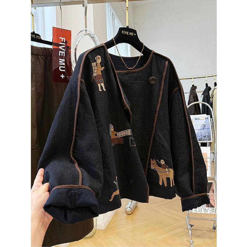 Baumwolle Leinen Vintage Jacke Damen Neuer Chinesischer Stil Stickerei Langarm Lässige Oberbekleidung