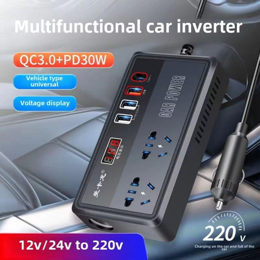 Universal Car Inverter DC 12V/24V To 220V QC 3.0 USB/Type C Charger Power Adapter 200W High Power Digital Display Car Converter