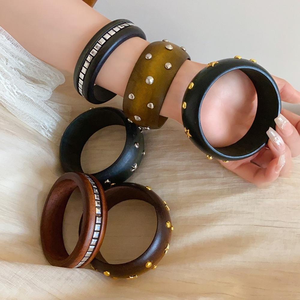 Punk Wooden Bracelet Wide Rivets Bangle Vintage Round Bracelet  Women