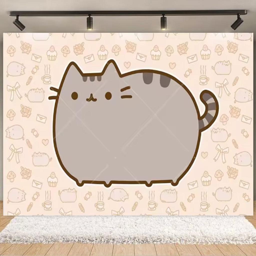 Cartoon Cute Fat Gray Cat Cake Happy Birthday Banner Custom Kid Birthday Party Decor Supplies Baby Shower Photography Background
