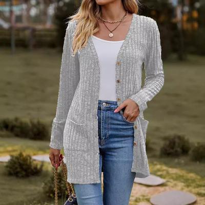 Einfarbige Strickjacke mit gebürsteten Streifen und geknöpftem Jackendesign für Damen 2024