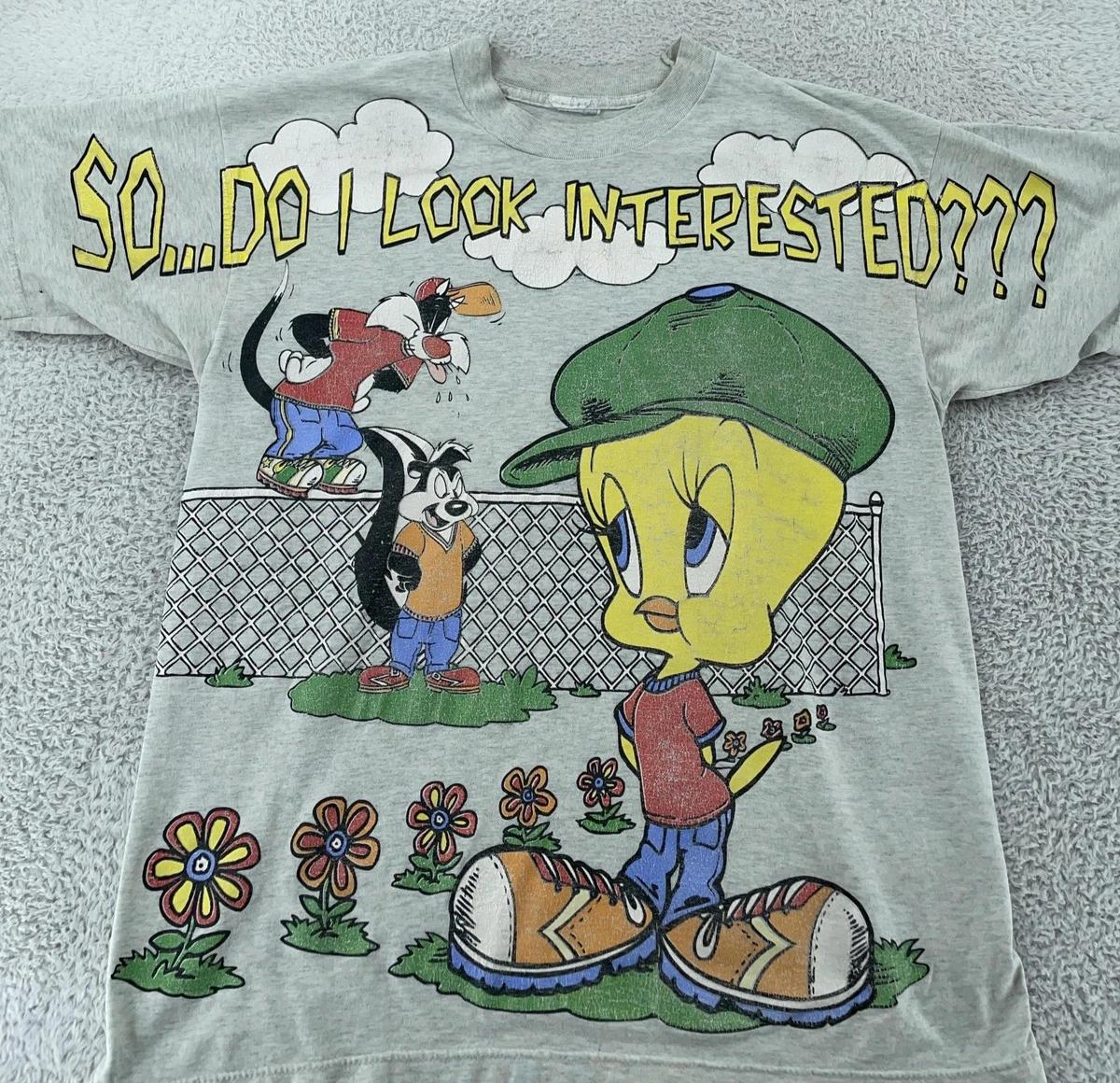 Vtg 90s Looney Tunes Tweety Pepe Le Pew Big Print T-Shirt Large Hip Hop Cartoon S