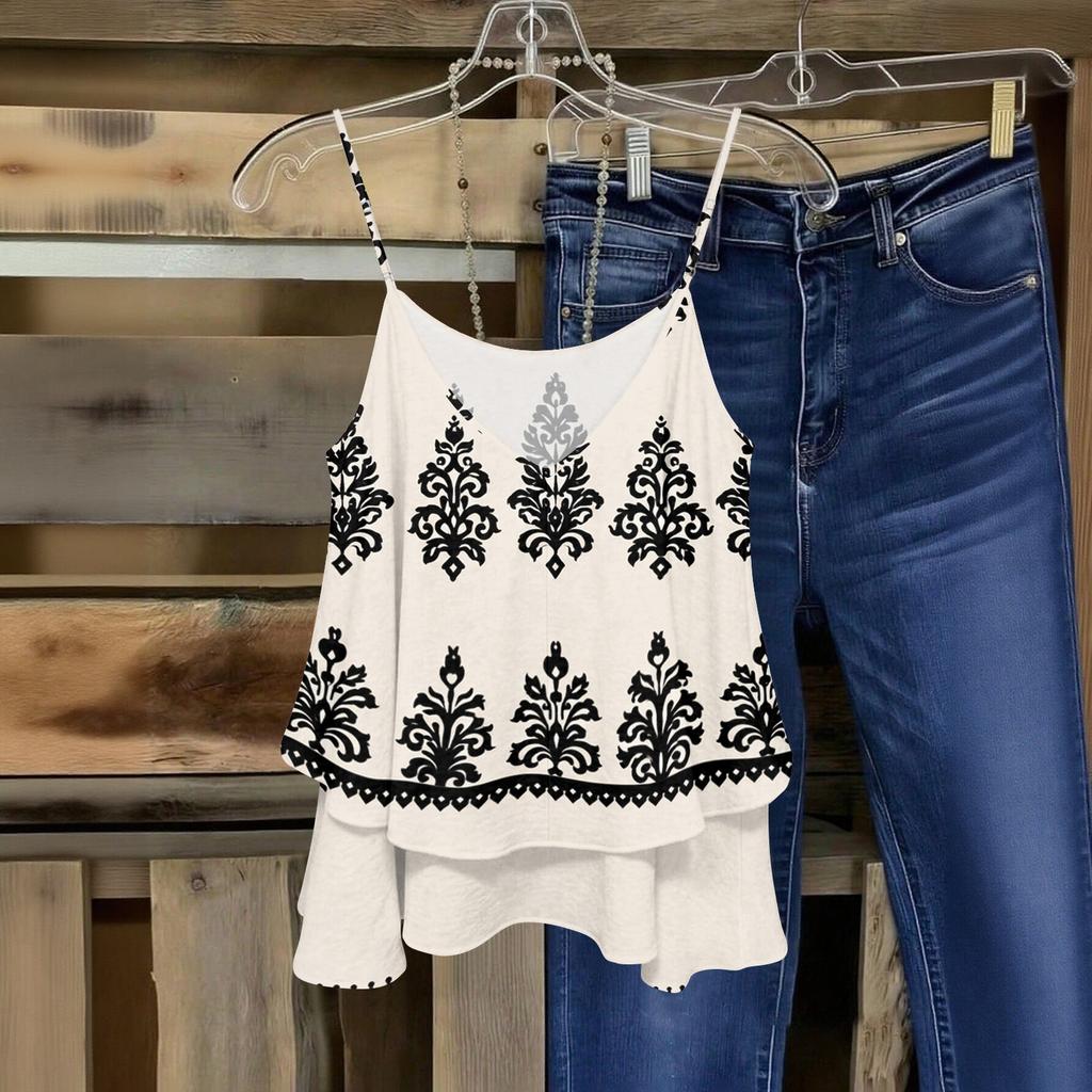 Women Sleeveless Double Layer Camisole Top Geometric Print Spaghetti Strap Summer Blouse Casual Lightweight Tank