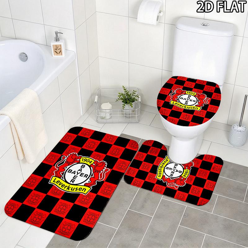 Bayer 04 Leverkusen Pattern 3Pcs Bathroom Rug Set, Non Slip Absorbent Bath Mat, Contour Mat & Toilet Lid Cover, Bathroom Decor