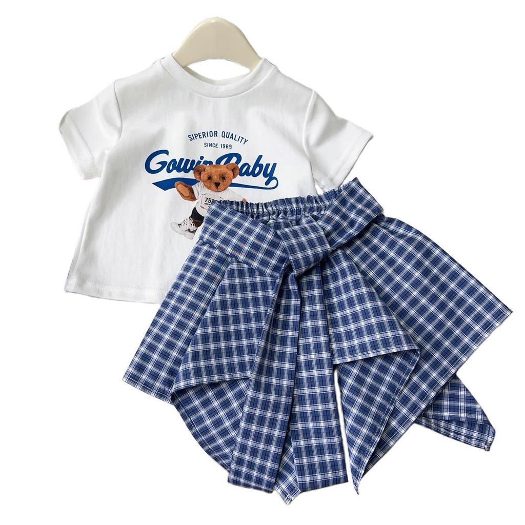 Girls' Korean Style Checkered Skort with Short Sleeve Top - EXB019