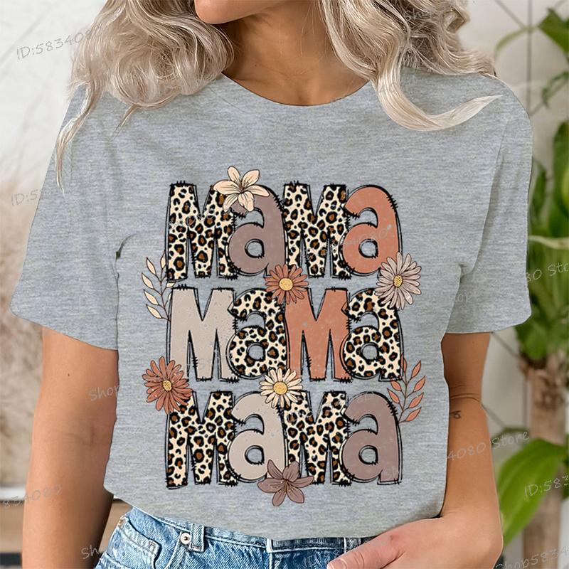 Fashion Funny Leopard Mama Flower Print Kids Short Sleeves T-Shirt Loose Casual Summer Outdoor Street Boy and Girl Tees Tops