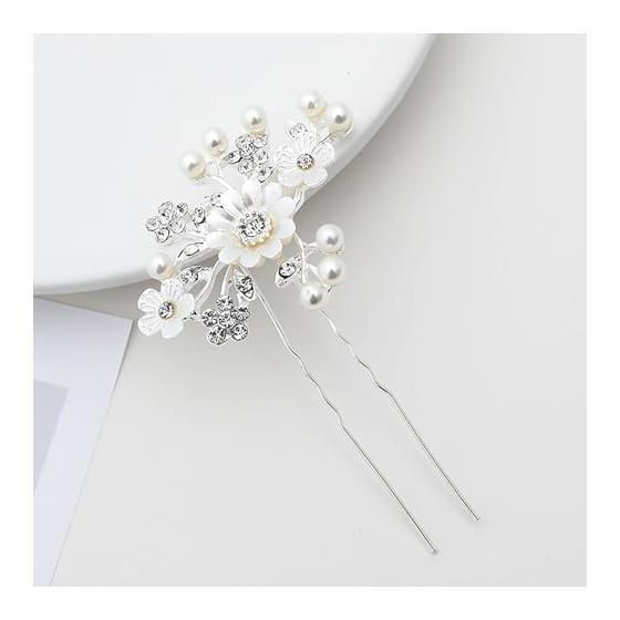 Pearl Hairpin Set (3 Pieces) - Handmade Floral Hair Accessories for Brides, Weddings, Graduations, Formal Events, and Kimonos (Silver)
