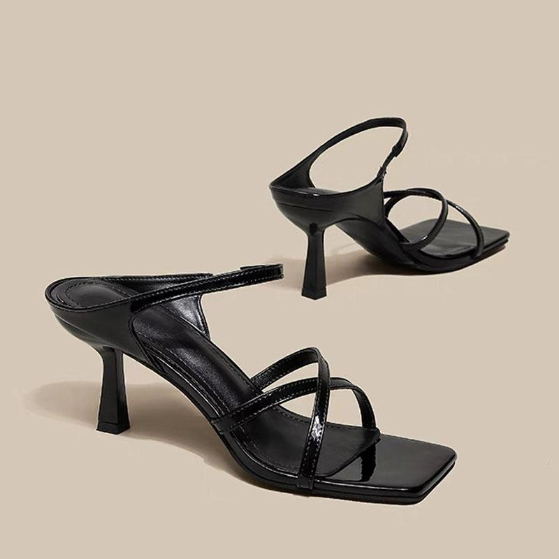 

Fashion Brand Design Slim Band Sandals Woman Square Toe High Thin Heel Mule Slides Ladies Patent Leather Evening Party Pump Shoes 39