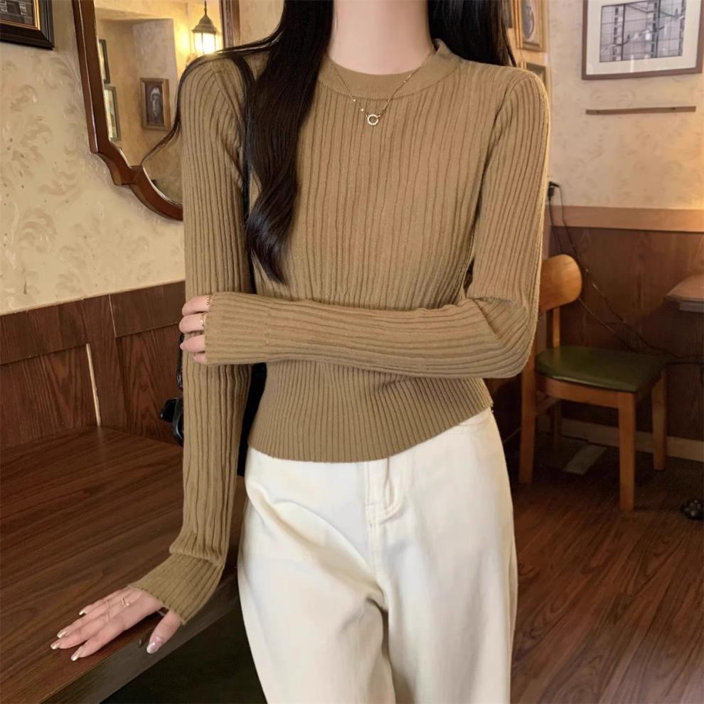 Round Neck Sweaters Knitted Sweater for Women Autumn Winter Basic Pullovers Slim Fit Waist Cinching Short Pullover